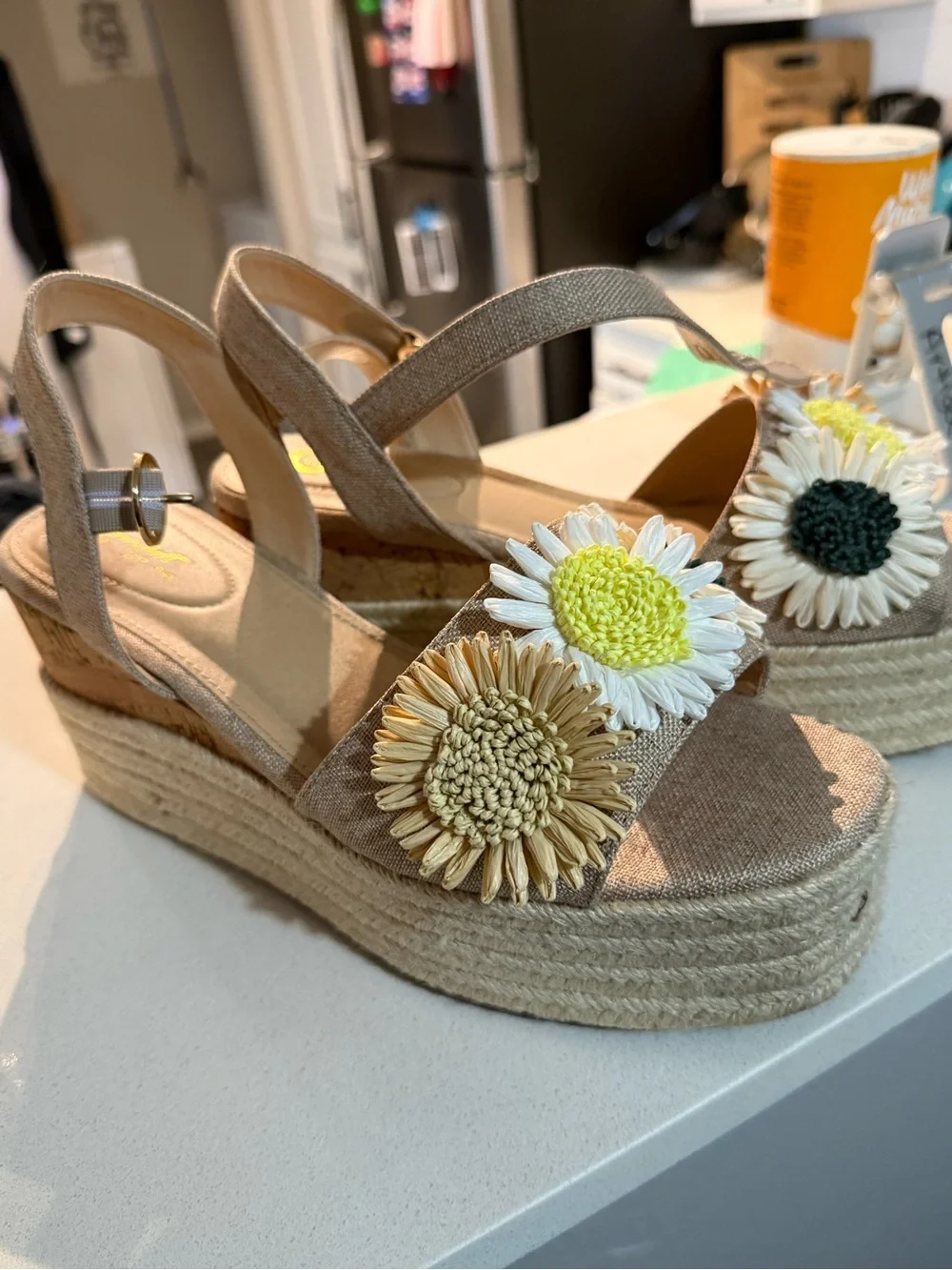 Beige Floral Espadrille Platform Wedge Sandals with Ankle Strap